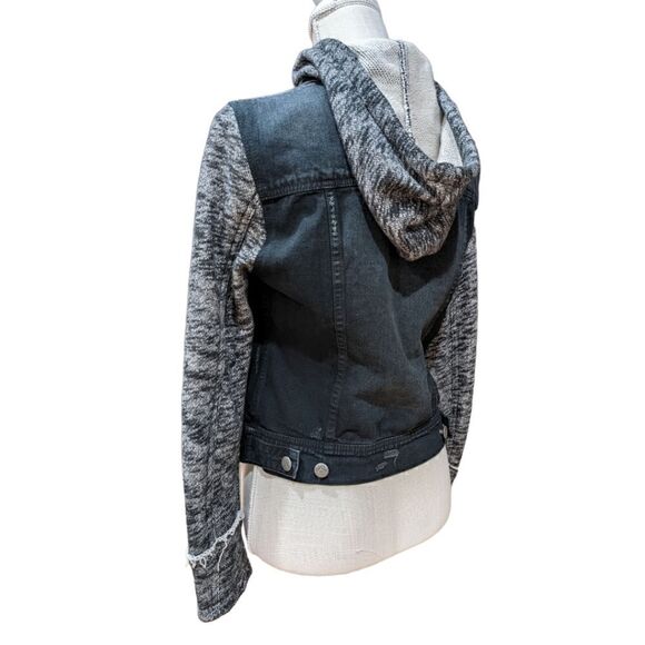 Free People Women's Black & Grey Distressed Denim Jacket Knit Sleeves Size S - Picture 7 of 11